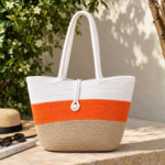 Sunset Stripe Tote Bag | Orange, White & Natural Woven Handbag